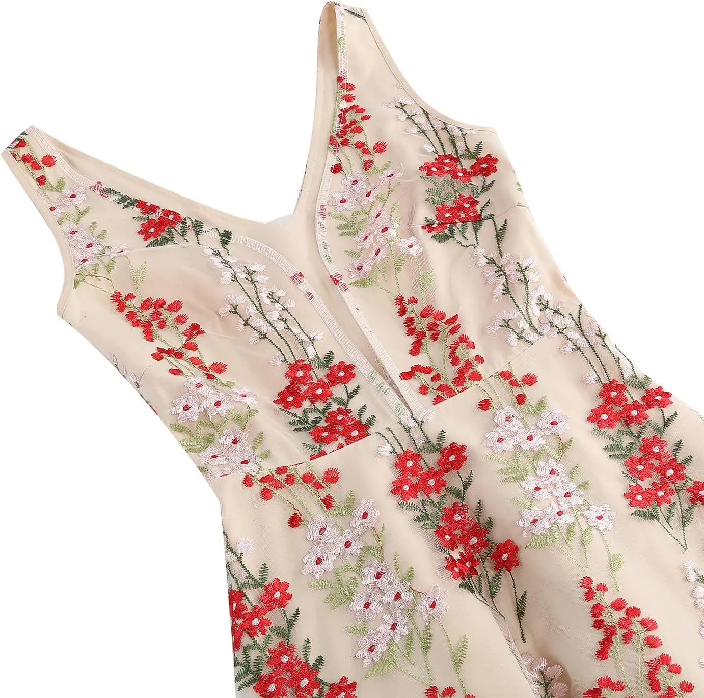 Women Keyhole Floral Embroidery Dress Sheer Mesh Illusion Vintage Cocktail Swing Dress Wedding Party Prom Tulle Evening Dress