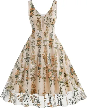 Women Keyhole Floral Embroidery Dress Sheer Mesh Illusion Vintage Cocktail Swing Dress Wedding Party Prom Tulle Evening Dress