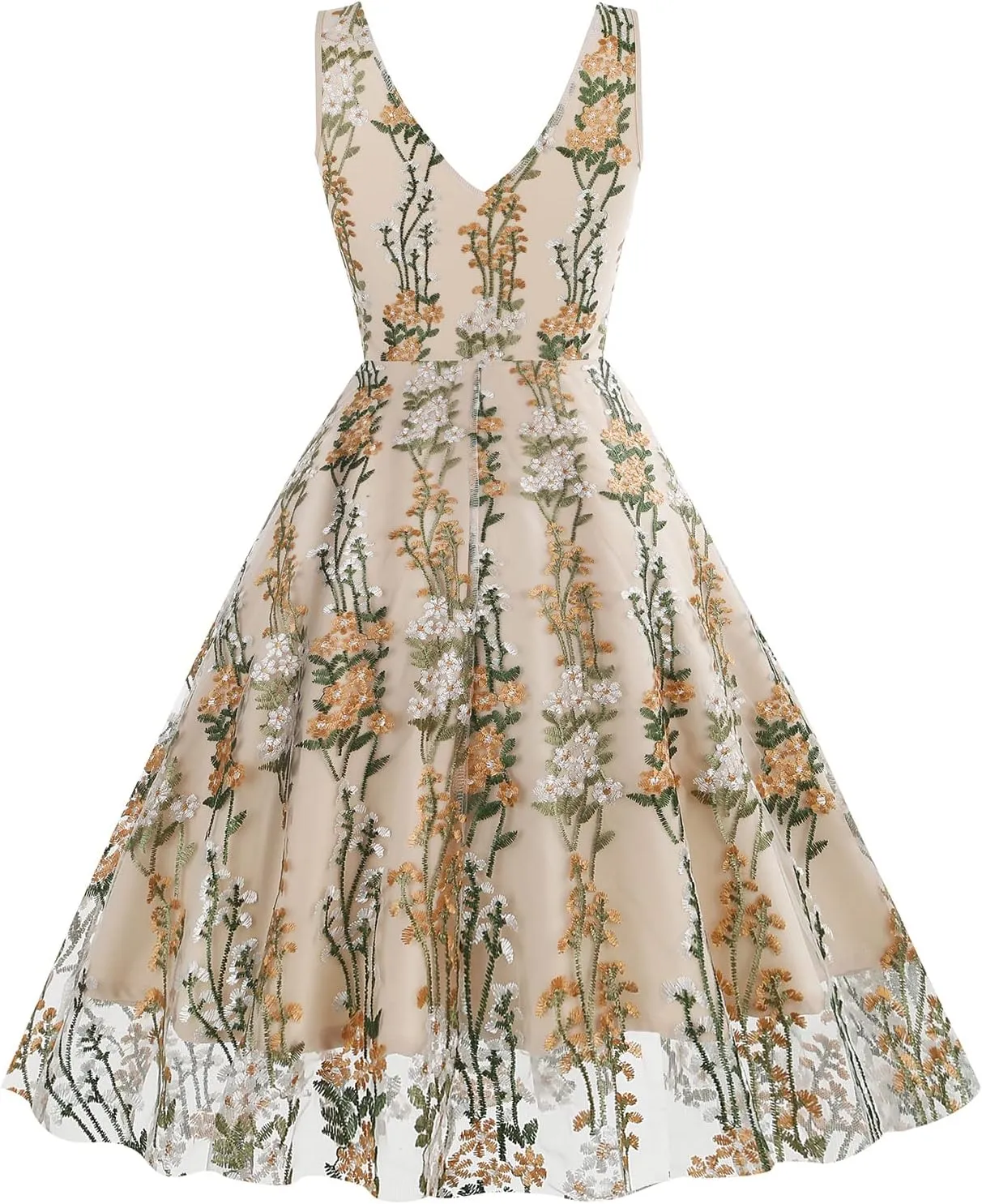Women Keyhole Floral Embroidery Dress Sheer Mesh Illusion Vintage Cocktail Swing Dress Wedding Party Prom Tulle Evening Dress