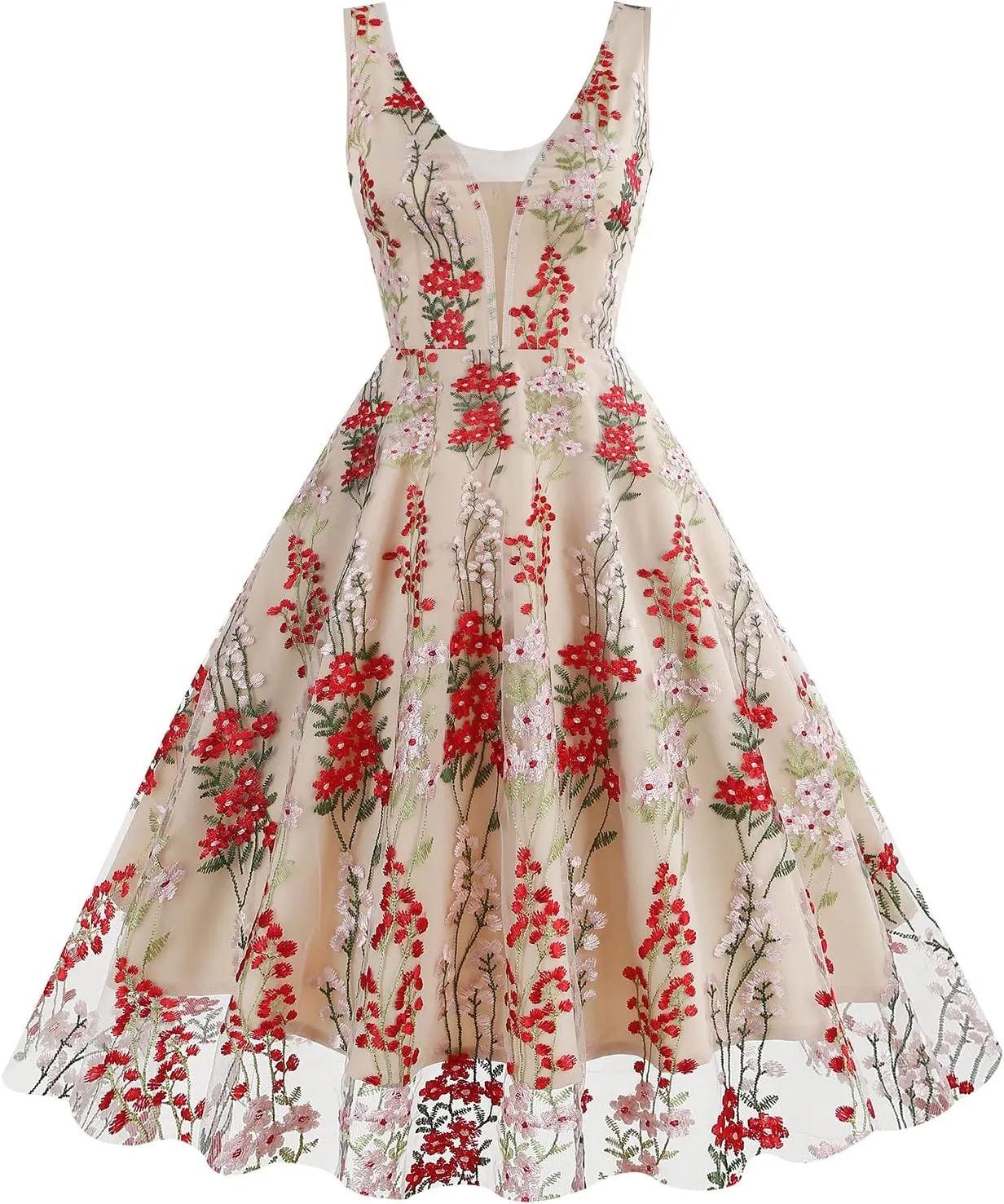 Women Keyhole Floral Embroidery Dress Sheer Mesh Illusion Vintage Cocktail Swing Dress Wedding Party Prom Tulle Evening Dress