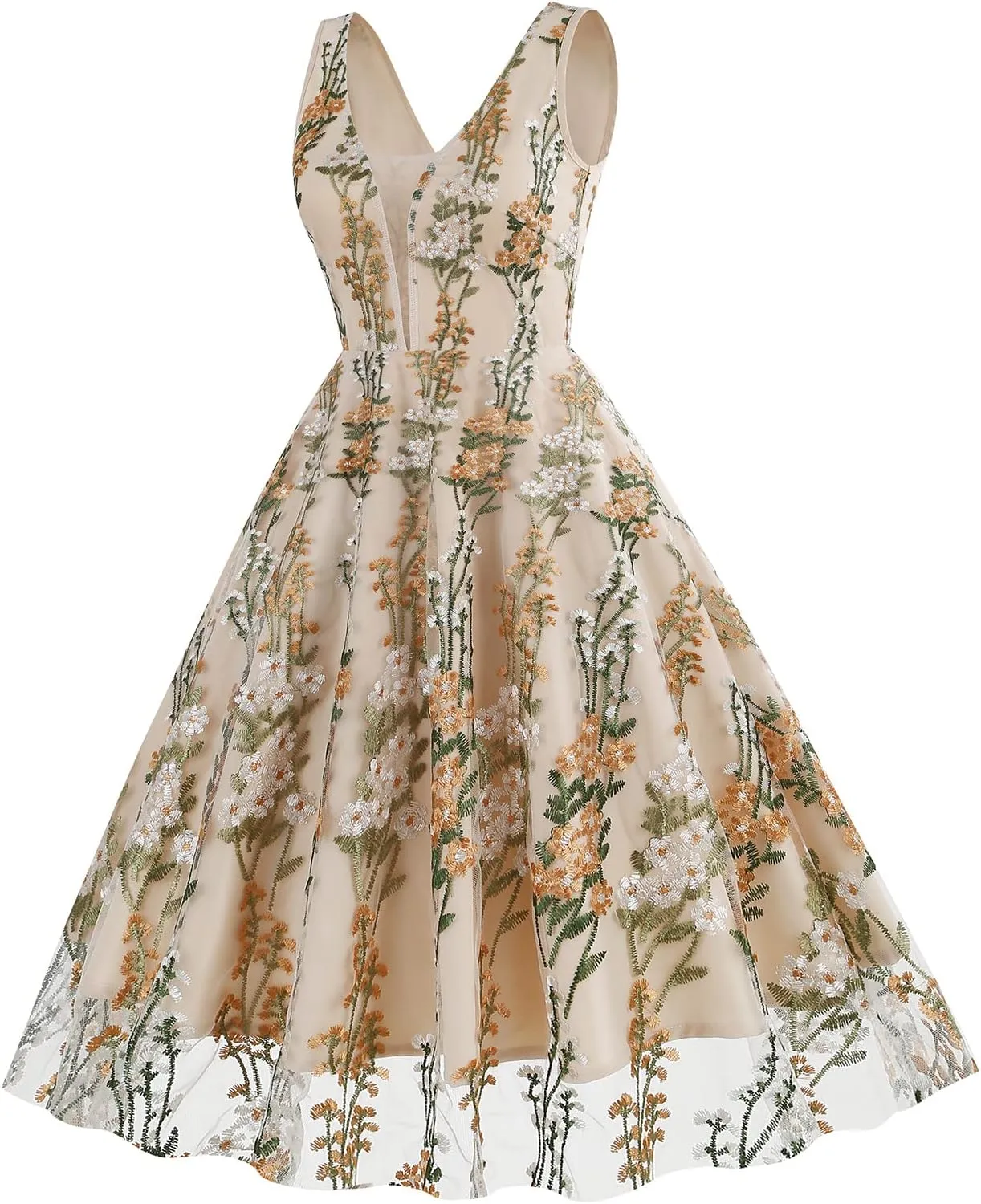 Women Keyhole Floral Embroidery Dress Sheer Mesh Illusion Vintage Cocktail Swing Dress Wedding Party Prom Tulle Evening Dress
