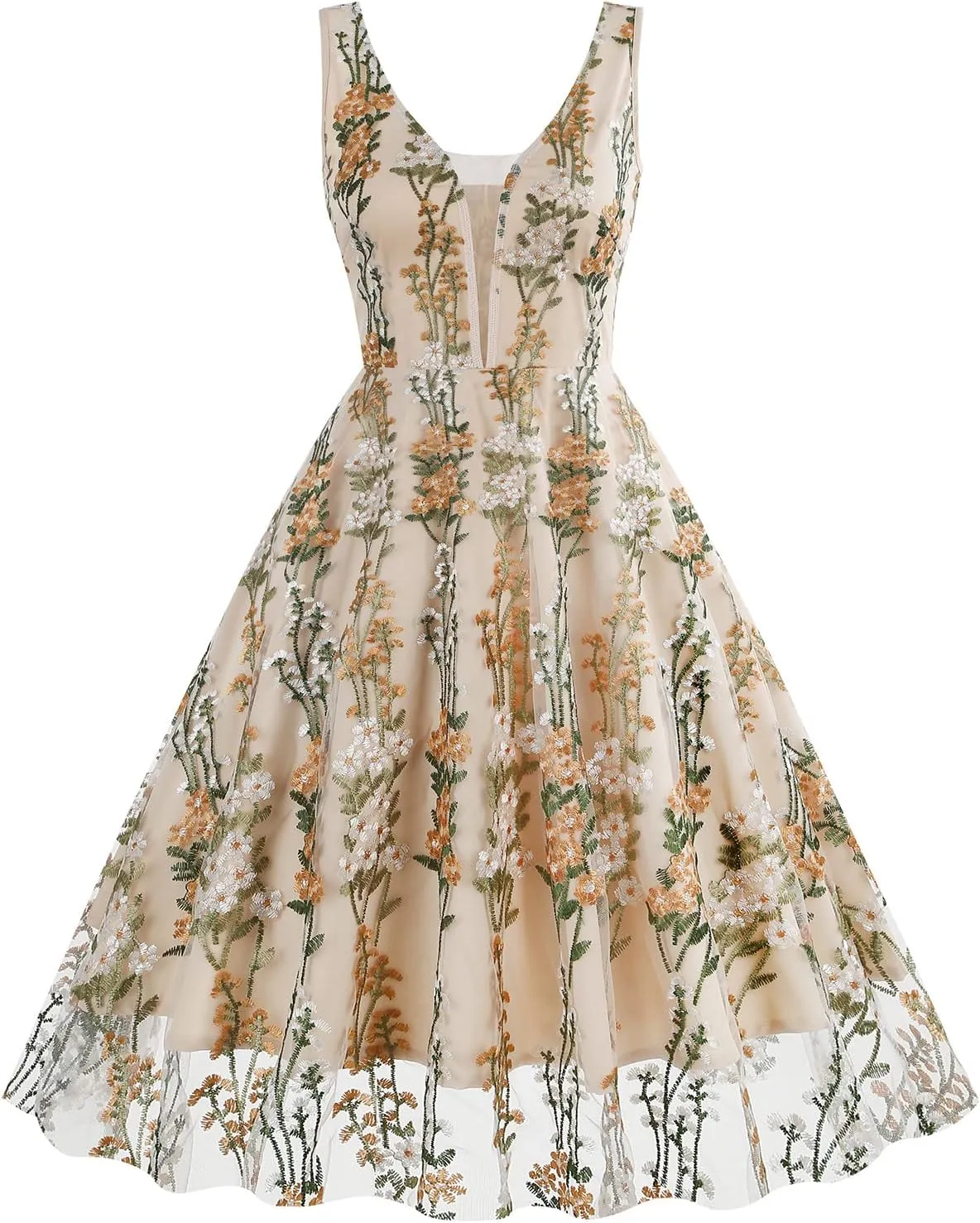 Women Keyhole Floral Embroidery Dress Sheer Mesh Illusion Vintage Cocktail Swing Dress Wedding Party Prom Tulle Evening Dress