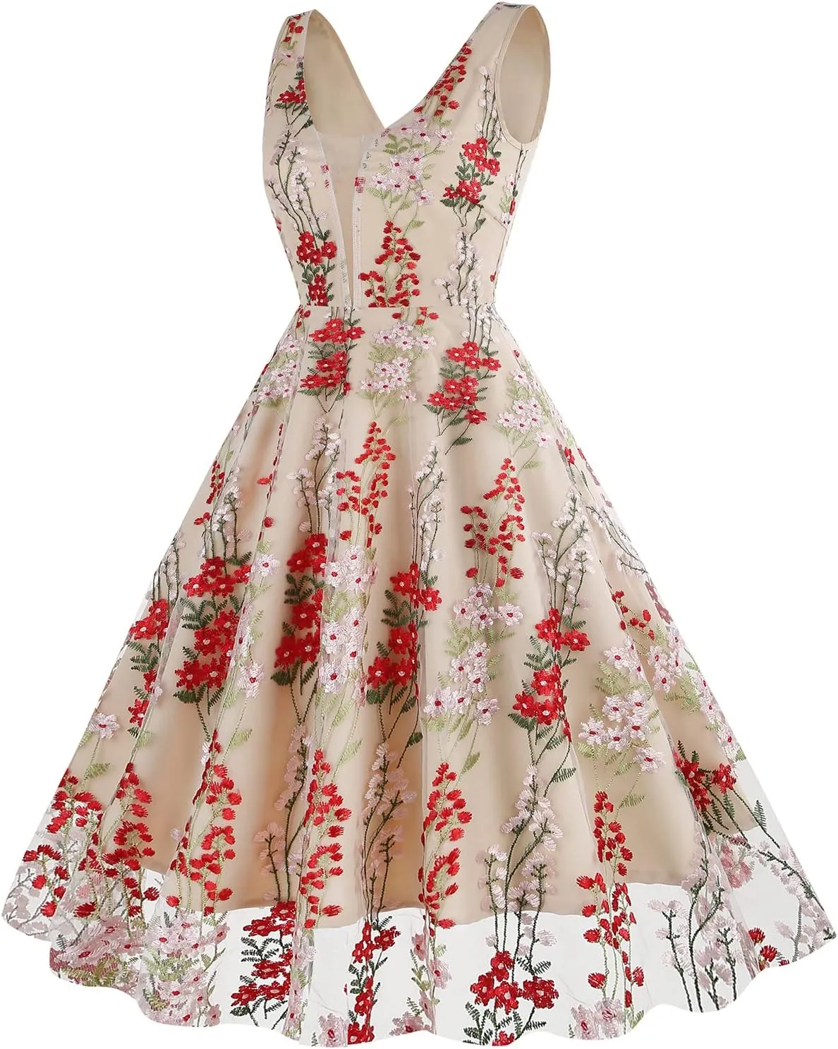 Women Keyhole Floral Embroidery Dress Sheer Mesh Illusion Vintage Cocktail Swing Dress Wedding Party Prom Tulle Evening Dress
