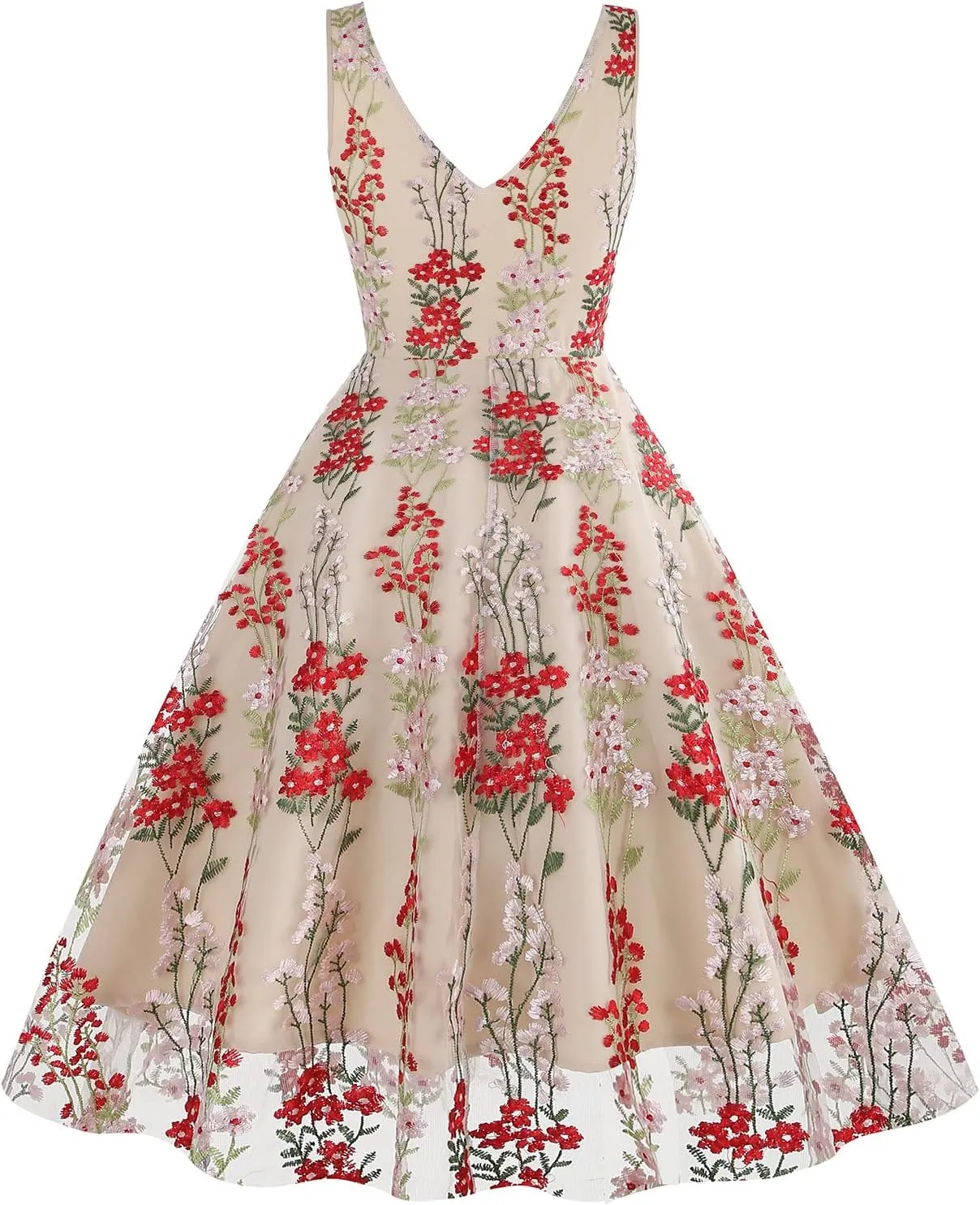 Women Keyhole Floral Embroidery Dress Sheer Mesh Illusion Vintage Cocktail Swing Dress Wedding Party Prom Tulle Evening Dress