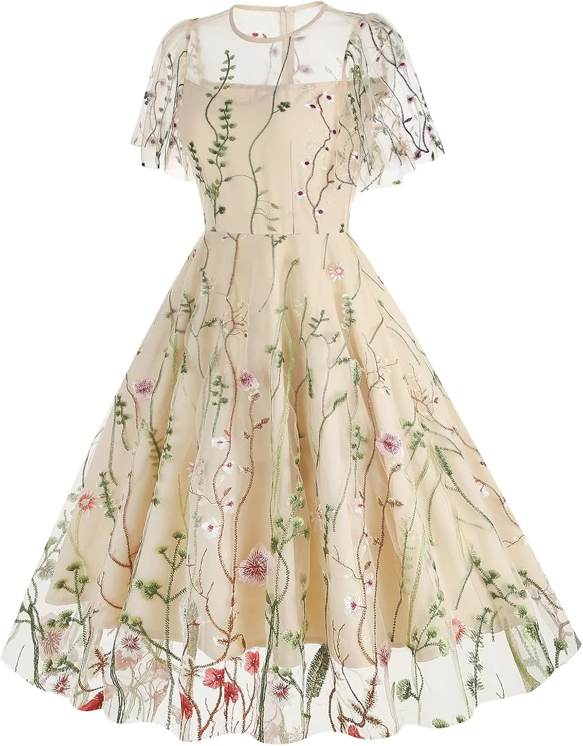 Women Keyhole Floral Embroidery Dress Sheer Mesh Illusion Vintage Cocktail Swing Dress Wedding Party Prom Tulle Evening Dress