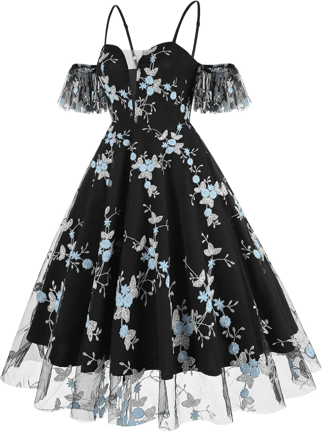 Women Keyhole Floral Embroidery Dress Sheer Mesh Illusion Vintage Cocktail Swing Dress Wedding Party Prom Tulle Evening Dress