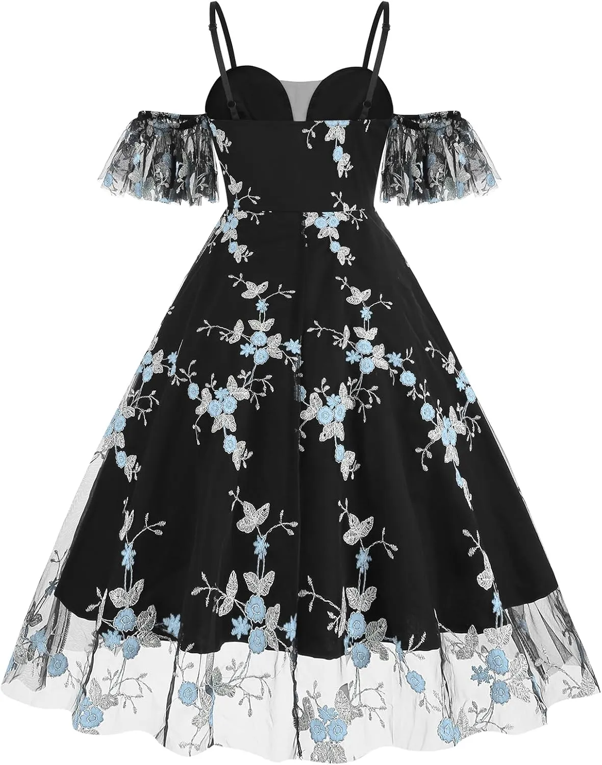 Women Keyhole Floral Embroidery Dress Sheer Mesh Illusion Vintage Cocktail Swing Dress Wedding Party Prom Tulle Evening Dress