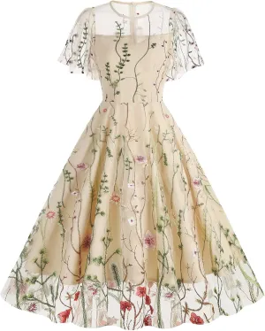 Women Keyhole Floral Embroidery Dress Sheer Mesh Illusion Vintage Cocktail Swing Dress Wedding Party Prom Tulle Evening Dress