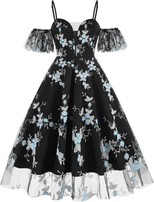 Women Keyhole Floral Embroidery Dress Sheer Mesh Illusion Vintage Cocktail Swing Dress Wedding Party Prom Tulle Evening Dress
