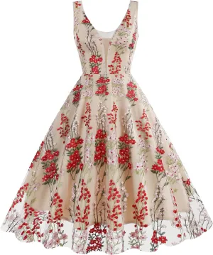 Women Keyhole Floral Embroidery Dress Sheer Mesh Illusion Vintage Cocktail Swing Dress Wedding Party Prom Tulle Evening Dress