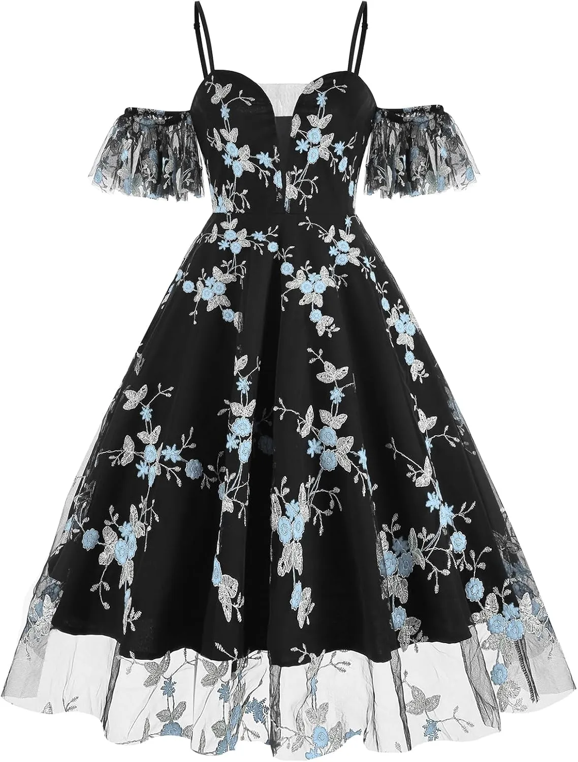 Women Keyhole Floral Embroidery Dress Sheer Mesh Illusion Vintage Cocktail Swing Dress Wedding Party Prom Tulle Evening Dress
