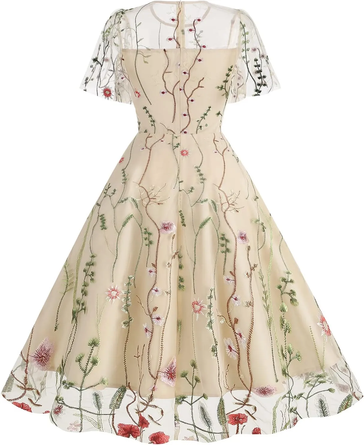 Women Keyhole Floral Embroidery Dress Sheer Mesh Illusion Vintage Cocktail Swing Dress Wedding Party Prom Tulle Evening Dress