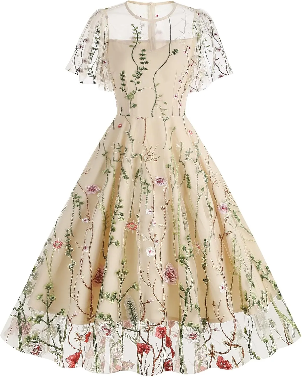Women Keyhole Floral Embroidery Dress Sheer Mesh Illusion Vintage Cocktail Swing Dress Wedding Party Prom Tulle Evening Dress