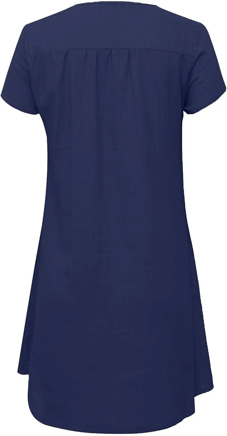 Women Linen Mini Dress Summer Trendy Casual Floral Sundresses 2025 Beach Vacation Travel Comfy Cap Sleeve Tshirt Dresses