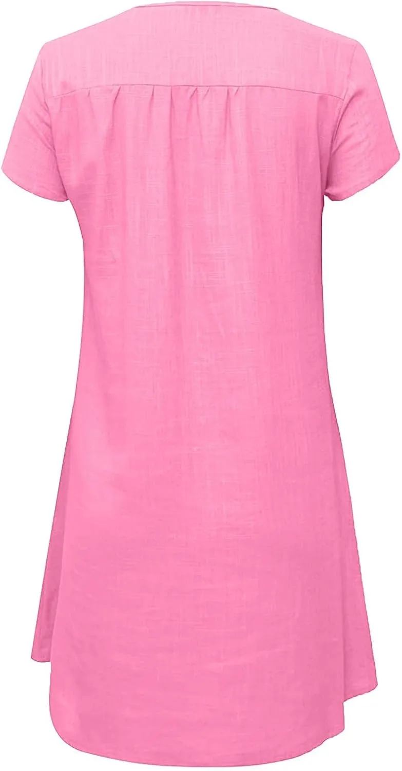Women Linen Mini Dress Summer Trendy Casual Floral Sundresses 2025 Beach Vacation Travel Comfy Cap Sleeve Tshirt Dresses