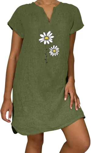 Women Linen Mini Dress Summer Trendy Casual Floral Sundresses 2025 Beach Vacation Travel Comfy Cap Sleeve Tshirt Dresses