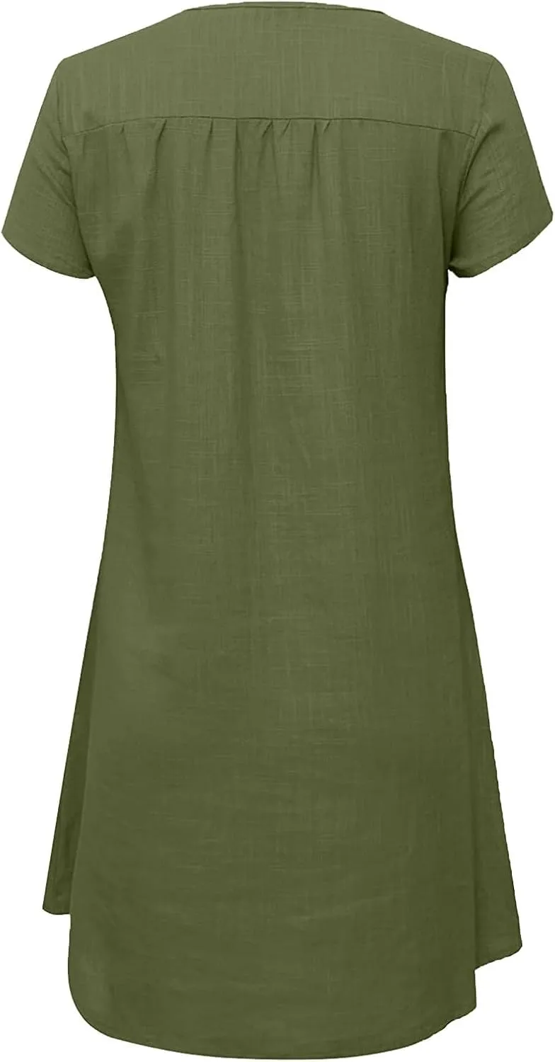 Women Linen Mini Dress Summer Trendy Casual Floral Sundresses 2025 Beach Vacation Travel Comfy Cap Sleeve Tshirt Dresses
