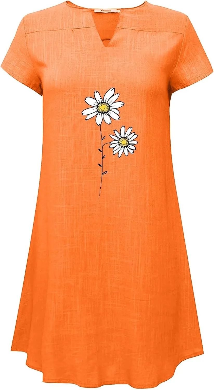 Women Linen Mini Dress Summer Trendy Casual Floral Sundresses 2025 Beach Vacation Travel Comfy Cap Sleeve Tshirt Dresses