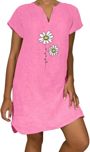 Women Linen Mini Dress Summer Trendy Casual Floral Sundresses 2025 Beach Vacation Travel Comfy Cap Sleeve Tshirt Dresses