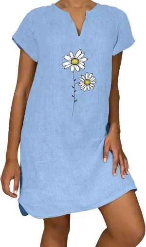 Women Linen Mini Dress Summer Trendy Casual Floral Sundresses 2025 Beach Vacation Travel Comfy Cap Sleeve Tshirt Dresses