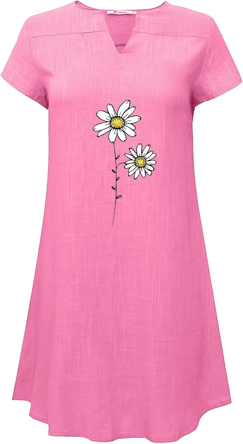 Women Linen Mini Dress Summer Trendy Casual Floral Sundresses 2025 Beach Vacation Travel Comfy Cap Sleeve Tshirt Dresses