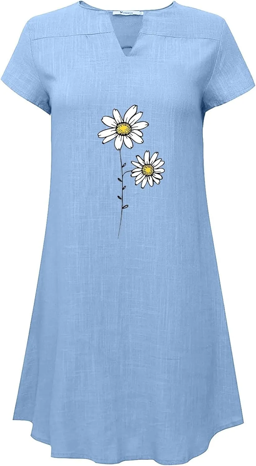 Women Linen Mini Dress Summer Trendy Casual Floral Sundresses 2025 Beach Vacation Travel Comfy Cap Sleeve Tshirt Dresses