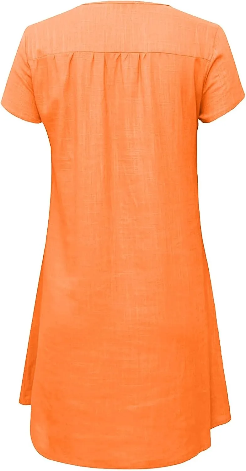 Women Linen Mini Dress Summer Trendy Casual Floral Sundresses 2025 Beach Vacation Travel Comfy Cap Sleeve Tshirt Dresses