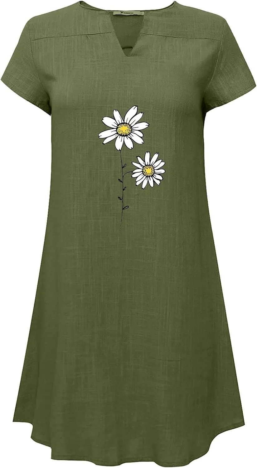 Women Linen Mini Dress Summer Trendy Casual Floral Sundresses 2025 Beach Vacation Travel Comfy Cap Sleeve Tshirt Dresses