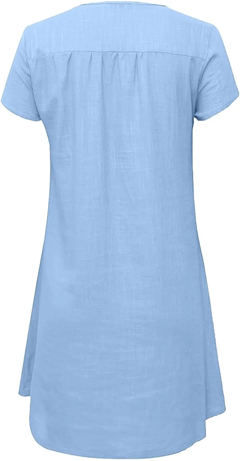Women Linen Mini Dress Summer Trendy Casual Floral Sundresses 2025 Beach Vacation Travel Comfy Cap Sleeve Tshirt Dresses