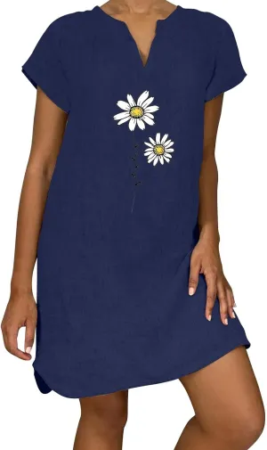 Women Linen Mini Dress Summer Trendy Casual Floral Sundresses 2025 Beach Vacation Travel Comfy Cap Sleeve Tshirt Dresses