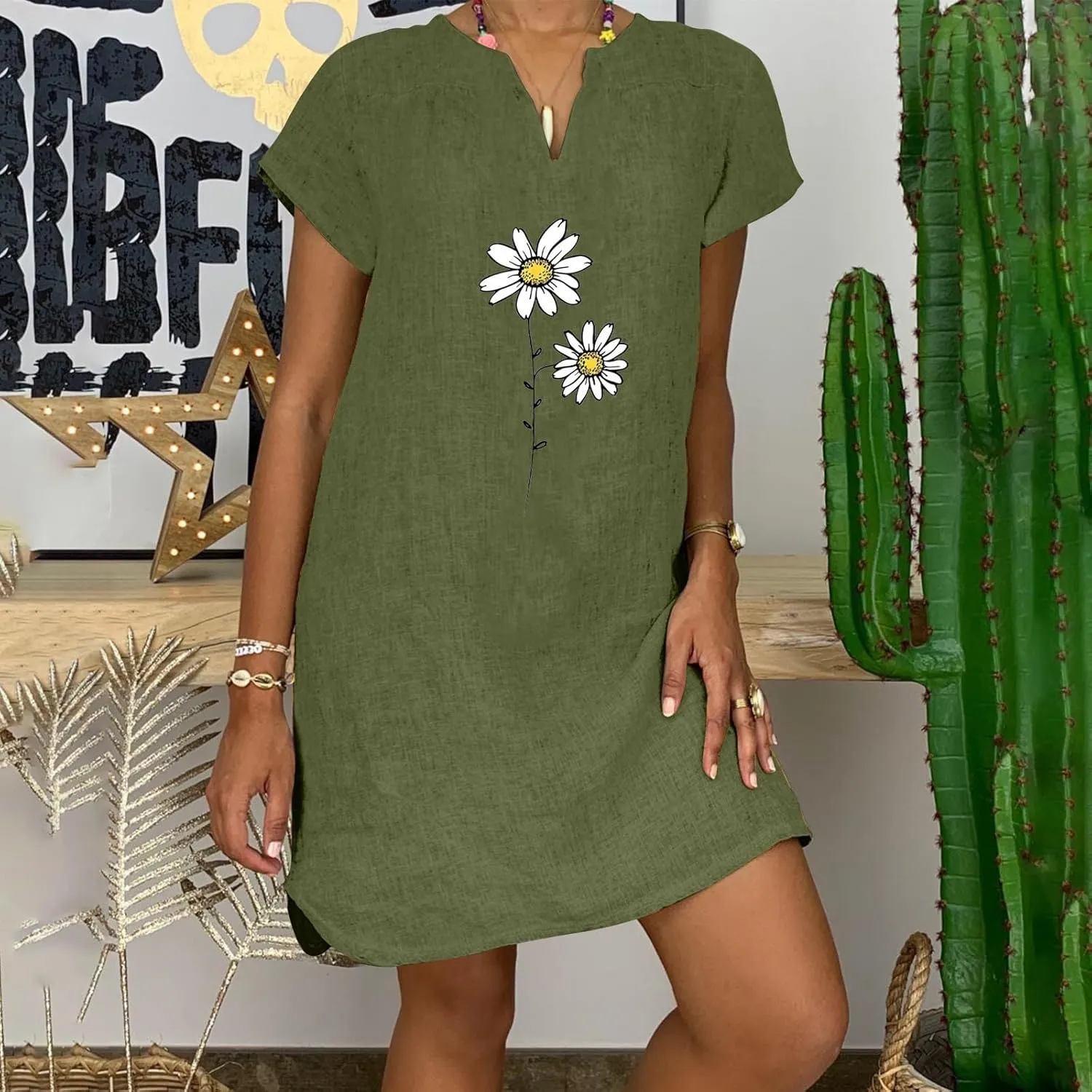Women Linen Mini Dress Summer Trendy Casual Floral Sundresses 2025 Beach Vacation Travel Comfy Cap Sleeve Tshirt Dresses