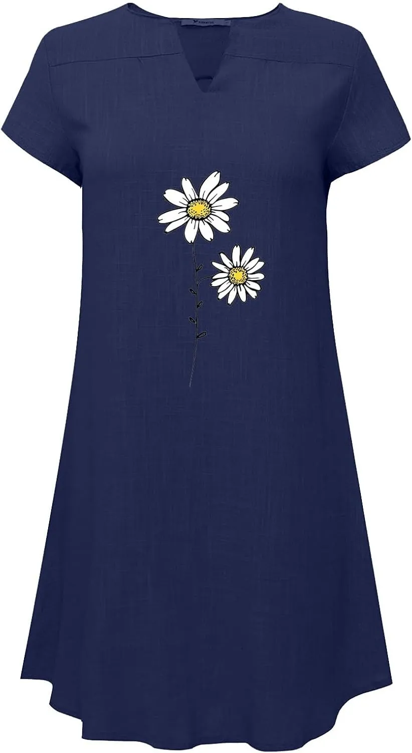 Women Linen Mini Dress Summer Trendy Casual Floral Sundresses 2025 Beach Vacation Travel Comfy Cap Sleeve Tshirt Dresses