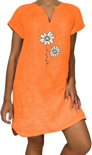 Women Linen Mini Dress Summer Trendy Casual Floral Sundresses 2025 Beach Vacation Travel Comfy Cap Sleeve Tshirt Dresses