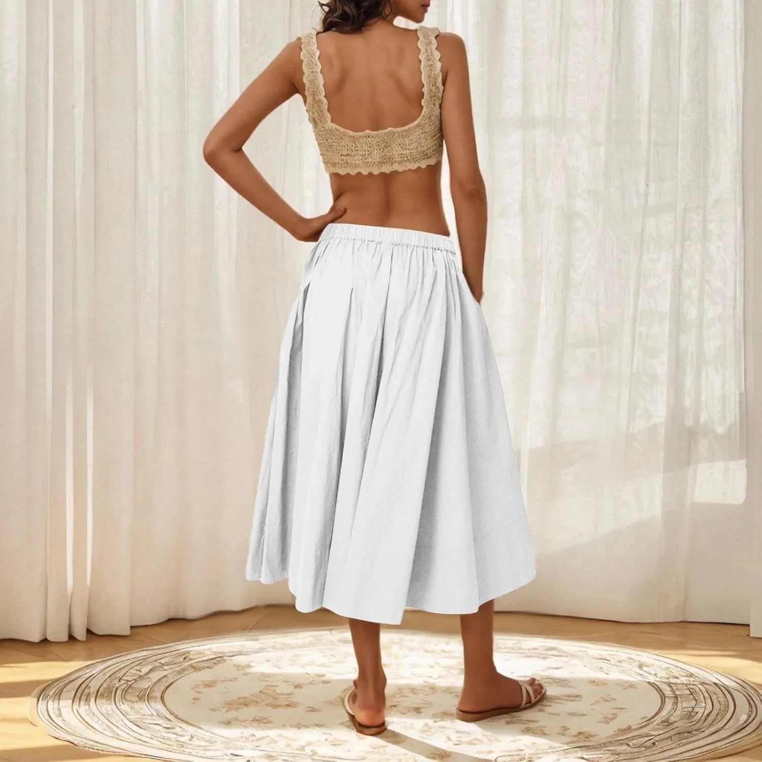 Women Midi Pleated Skirts High Waisted Summer Skirts A Line Flowy Skirts Dressy Casual Skirts Beach Vacation Skirts