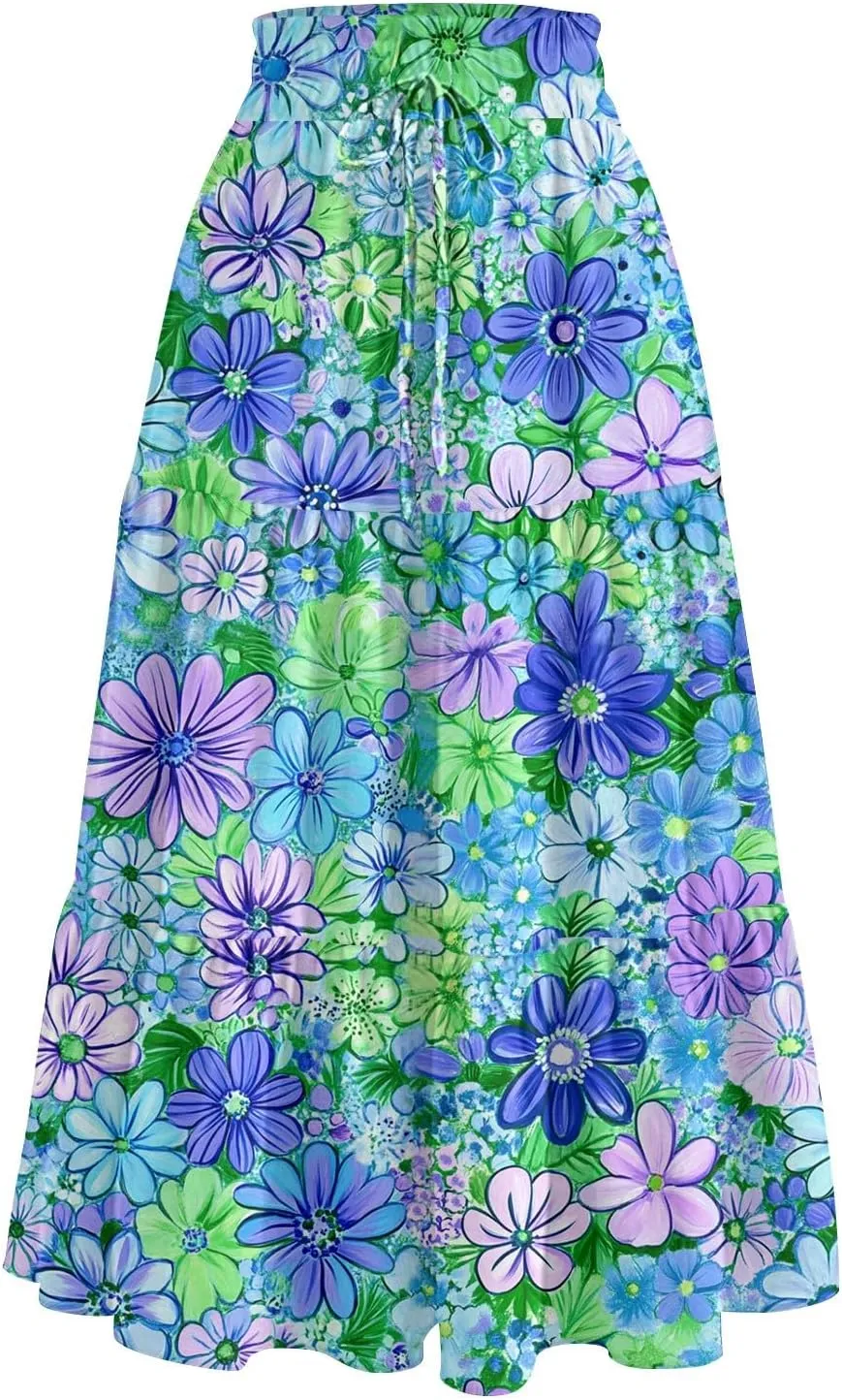 Women Skirt Summer Drawstring High Waist Midi Skirt Elegant A Line Floral Print Tiered Knee Length Skirts with Pockets