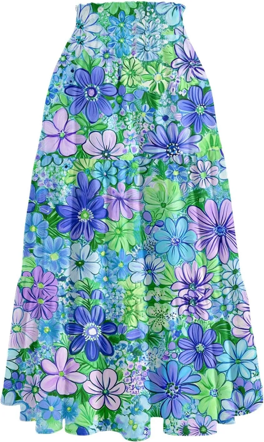 Women Skirt Summer Drawstring High Waist Midi Skirt Elegant A Line Floral Print Tiered Knee Length Skirts with Pockets