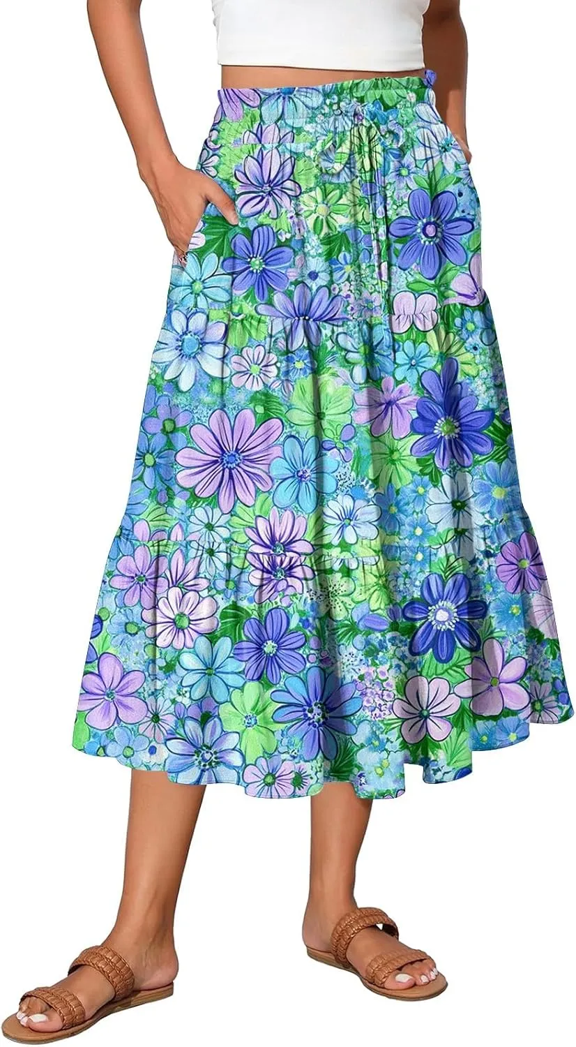 Women Skirt Summer Drawstring High Waist Midi Skirt Elegant A Line Floral Print Tiered Knee Length Skirts with Pockets
