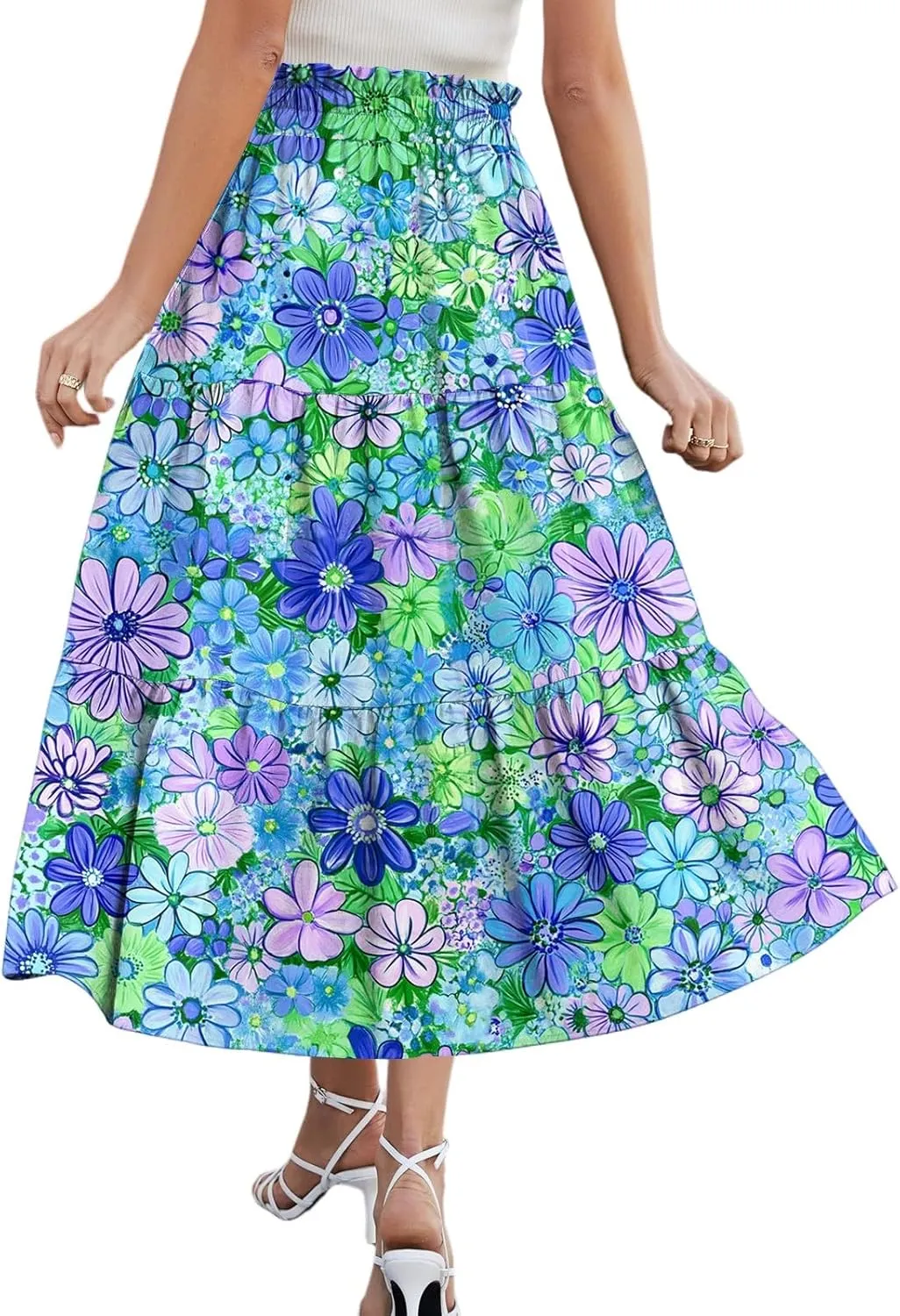 Women Skirt Summer Drawstring High Waist Midi Skirt Elegant A Line Floral Print Tiered Knee Length Skirts with Pockets