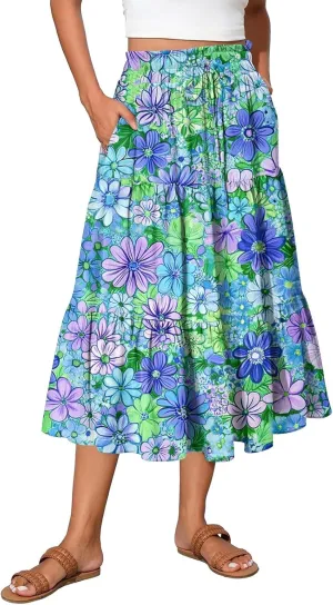 Women Skirt Summer Drawstring High Waist Midi Skirt Elegant A Line Floral Print Tiered Knee Length Skirts with Pockets