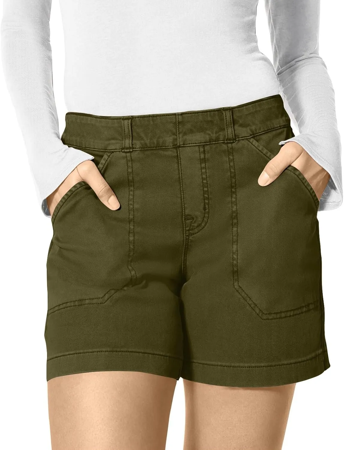 Women Stretch Twill Shorts Summer Casual Bermuda Shorts Pull On Chino Shorts Elastic Waist Stretchy Denim Shorts