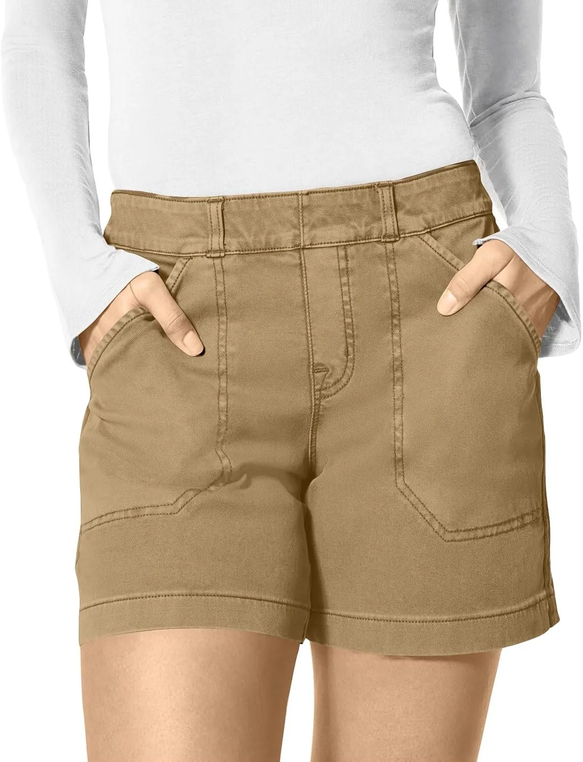 Women Stretch Twill Shorts Summer Casual Bermuda Shorts Pull On Chino Shorts Elastic Waist Stretchy Denim Shorts