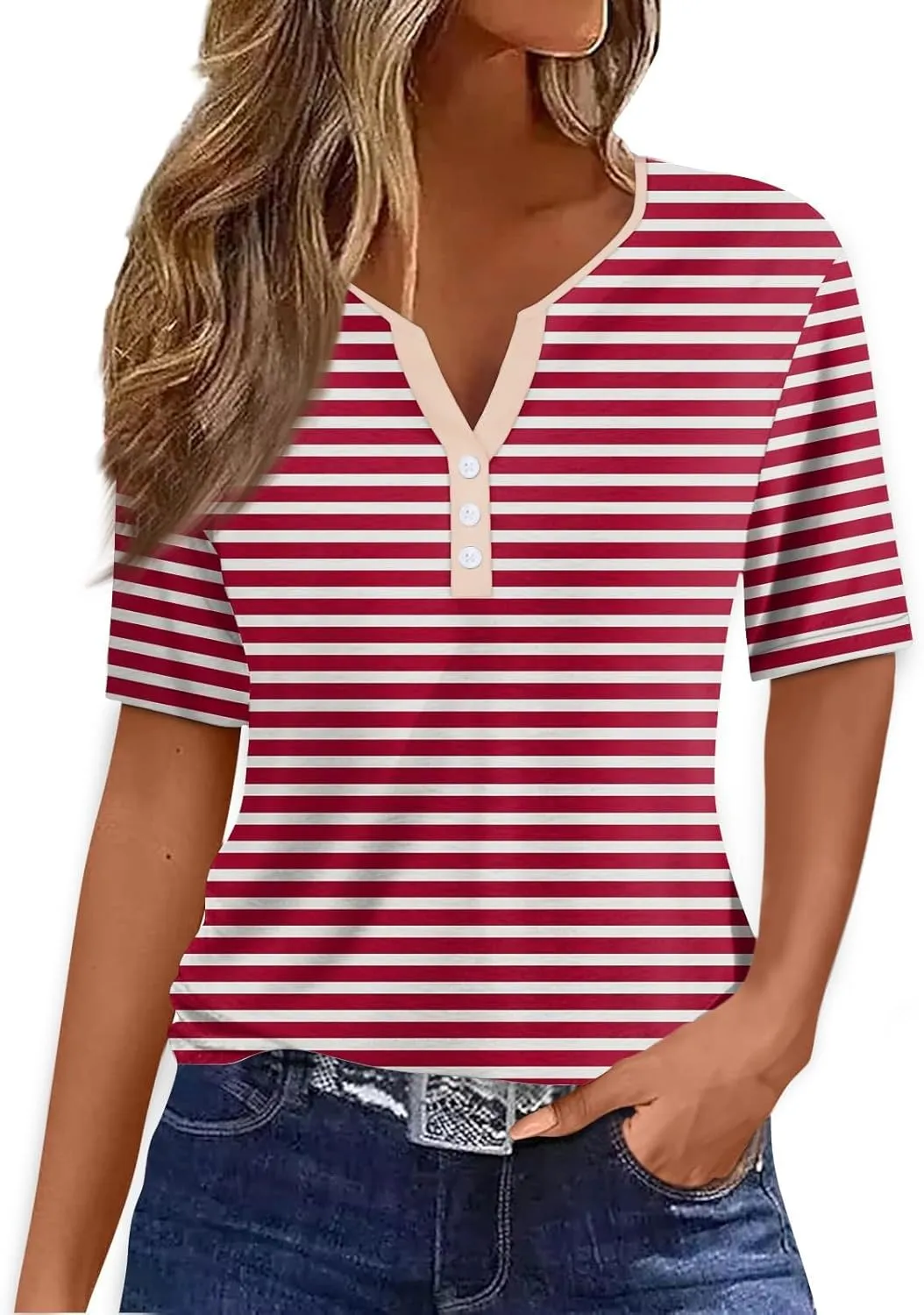 Women Striped Henley T Shirts Button V Neck Casual Summer Tops Comfy Fitted Tunics Short Sleeve Blouses 2025 New