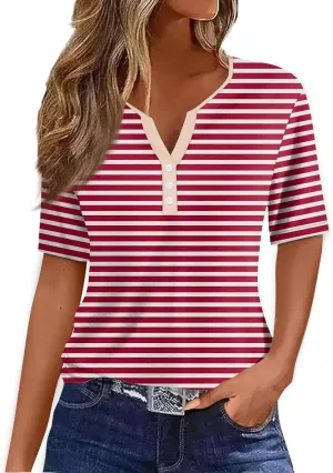 Women Striped Henley T Shirts Button V Neck Casual Summer Tops Comfy Fitted Tunics Short Sleeve Blouses 2025 New