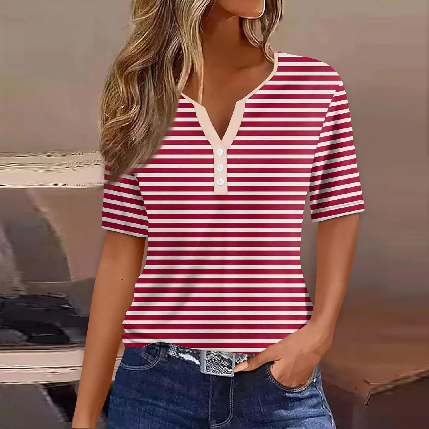 Women Striped Henley T Shirts Button V Neck Casual Summer Tops Comfy Fitted Tunics Short Sleeve Blouses 2025 New