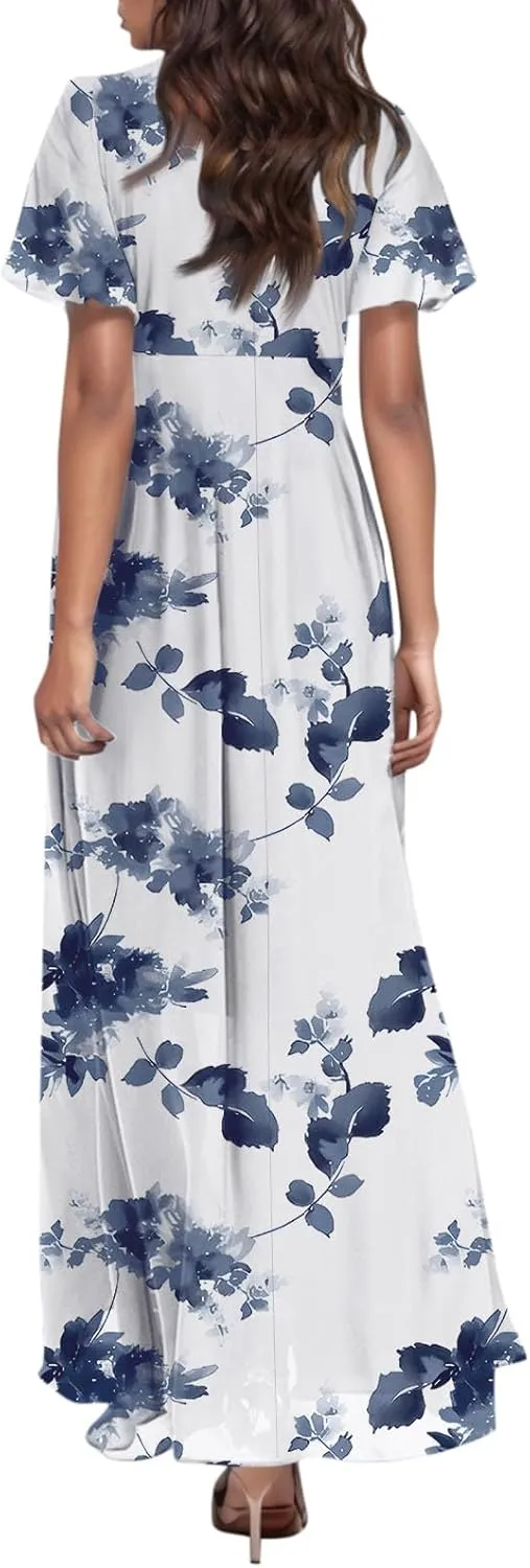 Women Summer Dresses High Waist Maxi Dress Chiffon Ruffle Sleeve Bohemian Dresses Vneck Tea Party Dress