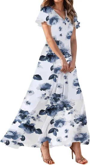 Women Summer Dresses High Waist Maxi Dress Chiffon Ruffle Sleeve Bohemian Dresses Vneck Tea Party Dress