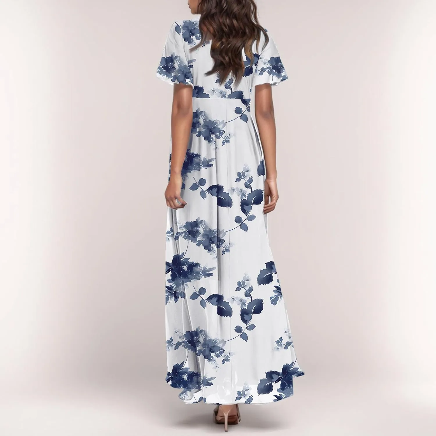 Women Summer Dresses High Waist Maxi Dress Chiffon Ruffle Sleeve Bohemian Dresses Vneck Tea Party Dress