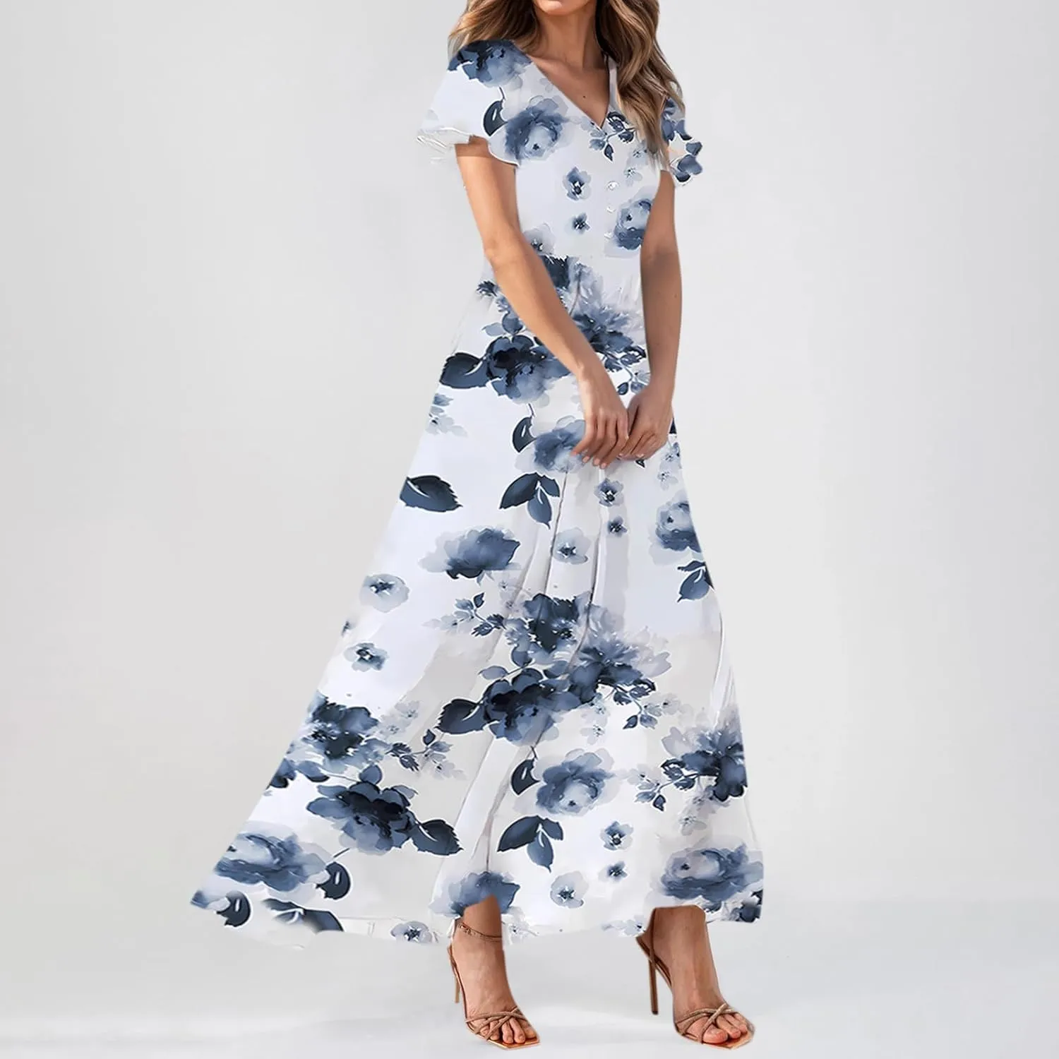 Women Summer Dresses High Waist Maxi Dress Chiffon Ruffle Sleeve Bohemian Dresses Vneck Tea Party Dress