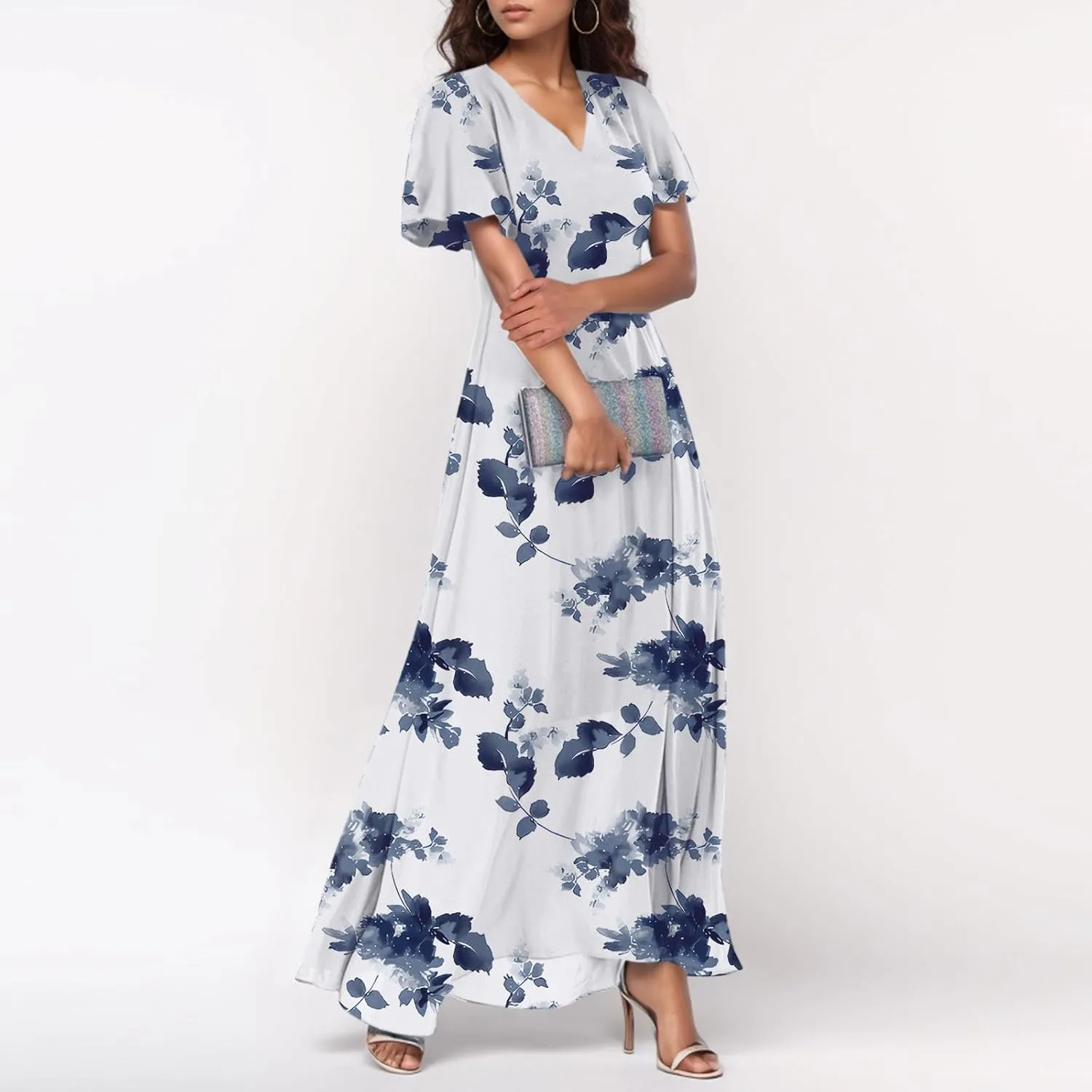 Women Summer Dresses High Waist Maxi Dress Chiffon Ruffle Sleeve Bohemian Dresses Vneck Tea Party Dress