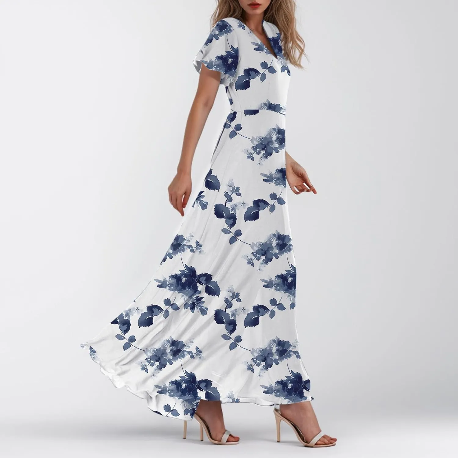 Women Summer Dresses High Waist Maxi Dress Chiffon Ruffle Sleeve Bohemian Dresses Vneck Tea Party Dress